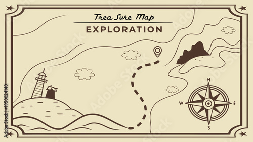 A vintage-style treasure map illustration with a lighthouse and compass