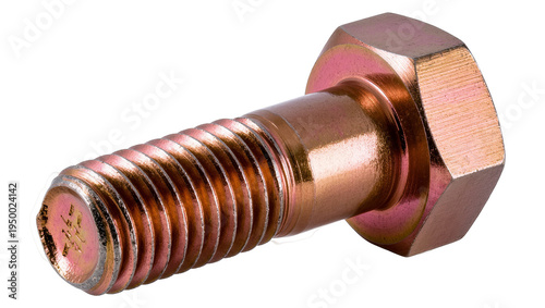 Isolated metallic hex head bolt with a warm golden copper finish, precise threading details.