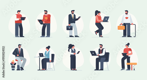 Diverse professionals engaged in various tasks with digital devices and office supplies