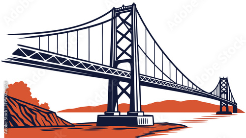 A vector graphic illustration of the Golden Gate Bridge in a flat, minimal design style