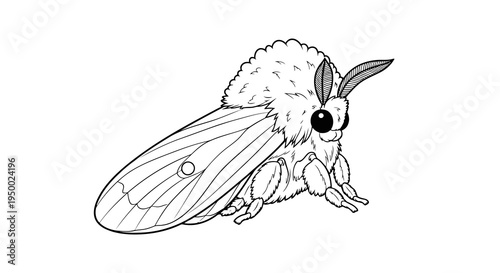 A simple black and white drawing of a moth with fuzzy body and large eyes.