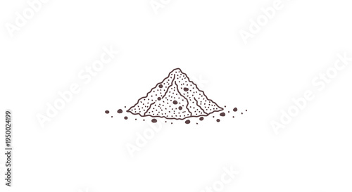 A simple black and white illustration of a pile of sand or powder with scattered particles around it.