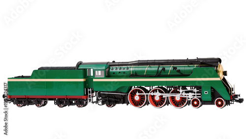 Foto Isolated detailed vintage green steam train locomotive model with red wheels and
