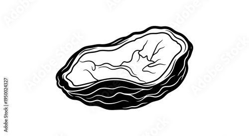 A simple black and white illustration of an oyster shell on a plain white background.