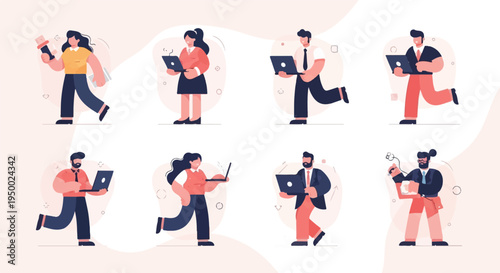 Diverse professionals engaged in various tasks with laptops and tools (1)