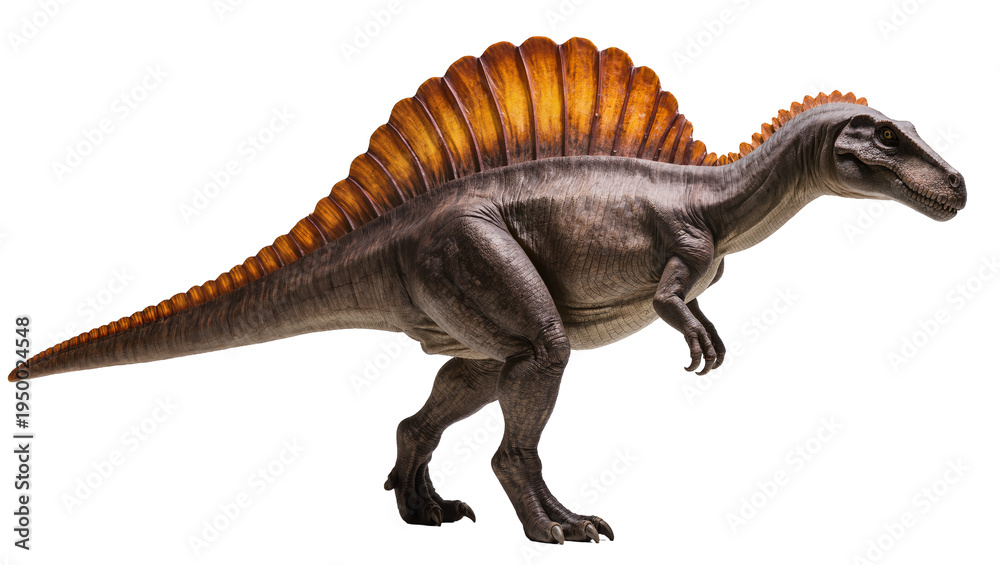Fototapeta premium Isolated Spinosaurus dinosaur standing with detailed texture and prominent sail on its back