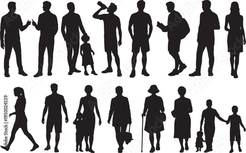 Diverse collection of various people silhouettes including men women and children in everyday life actions