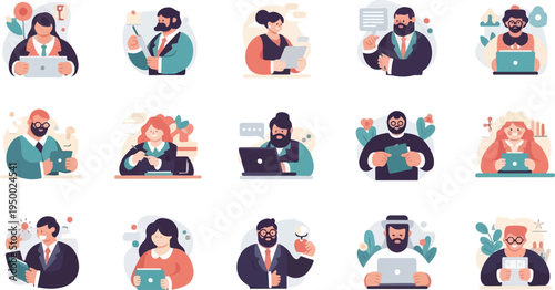 Diverse professionals engaged in various tasks with modern technology