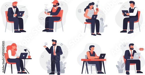 Eight diverse individuals are depicted working and interacting with digital devices