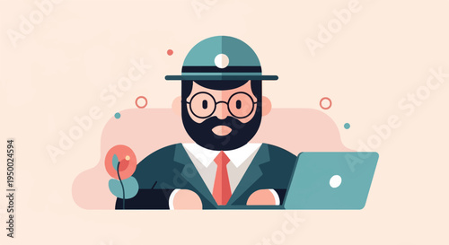 Flat illustration of a bearded man in a suit and hat using a laptop and holding a flower