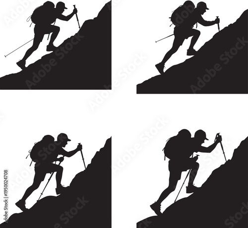 Hiker Climbing Mountain Silhouette Isolated on White