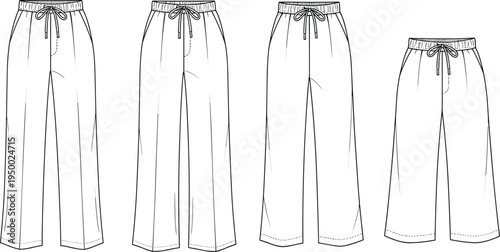 CAD drawing flat vector illustration of women’s wide-leg drawstring trousers set front view, technical fashion sketch template design