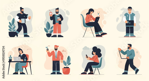 Eight diverse individuals engaged in modern work activities, some with devices