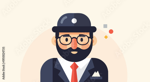 Flat illustration of a bearded man in a suit, tie, and hat