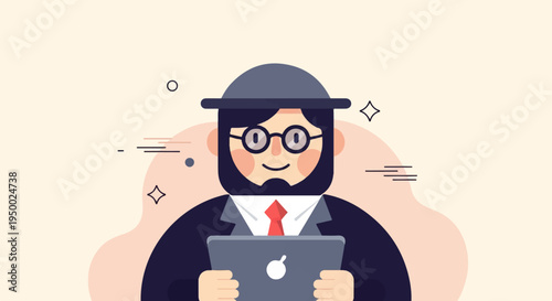 Flat illustration of a bearded man in a suit and hat with a laptop