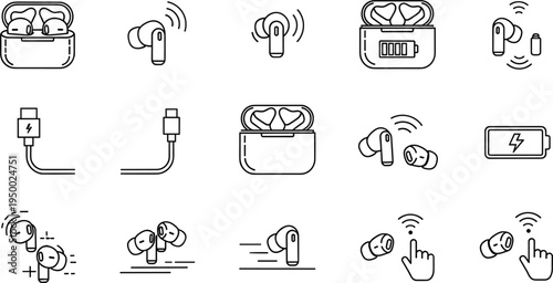 Wireless earbuds charging case and bluetooth audio line icon set with battery connection vector illustration
