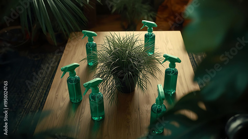 Wallpaper Mural Green cleaning products arranged around a potted plant on a wooden table Torontodigital.ca