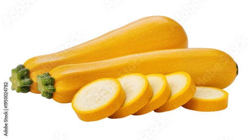 Isolated fresh delicious yellow zucchini squash and neatly arranged round slices