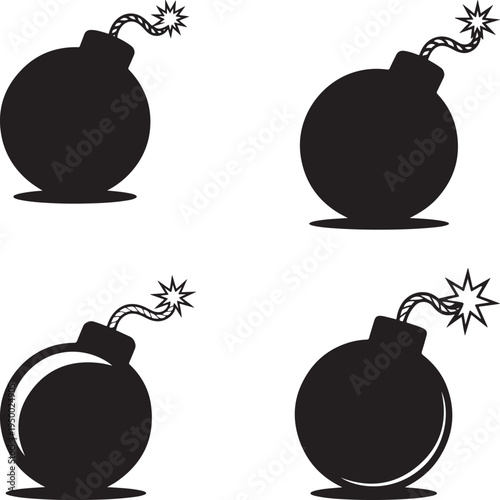 Black Bomb Silhouettes with Fuses and Explosions white background