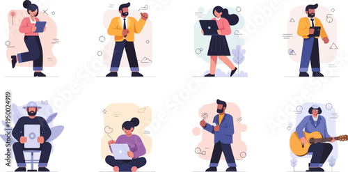 Eight diverse individuals engaged in various activities with electronic devices and leisure