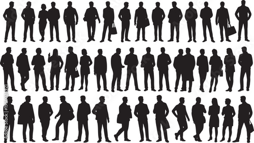 Large collection of adult men and women silhouettes in business attire or smart casual clothing standing
