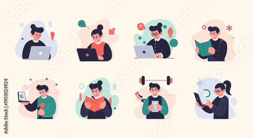 Eight diverse individuals engaged in various activities work, reading, and fitness