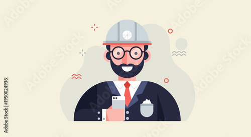 Flat illustration of a bearded man wearing a hard hat and glasses