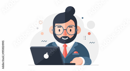 Flat illustration of a bearded man with bun, wearing glasses, suit, and tie, working on laptop