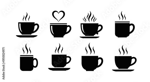 Eight black silhouette hot drink icons featuring cups on saucers and simple mugs with varying amounts of steam rising vector set