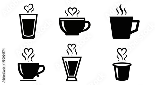 Set of coffee cup icons with heart steam and different glass shapes black silhouette collection isolated on white background minimalist beverage cafe design