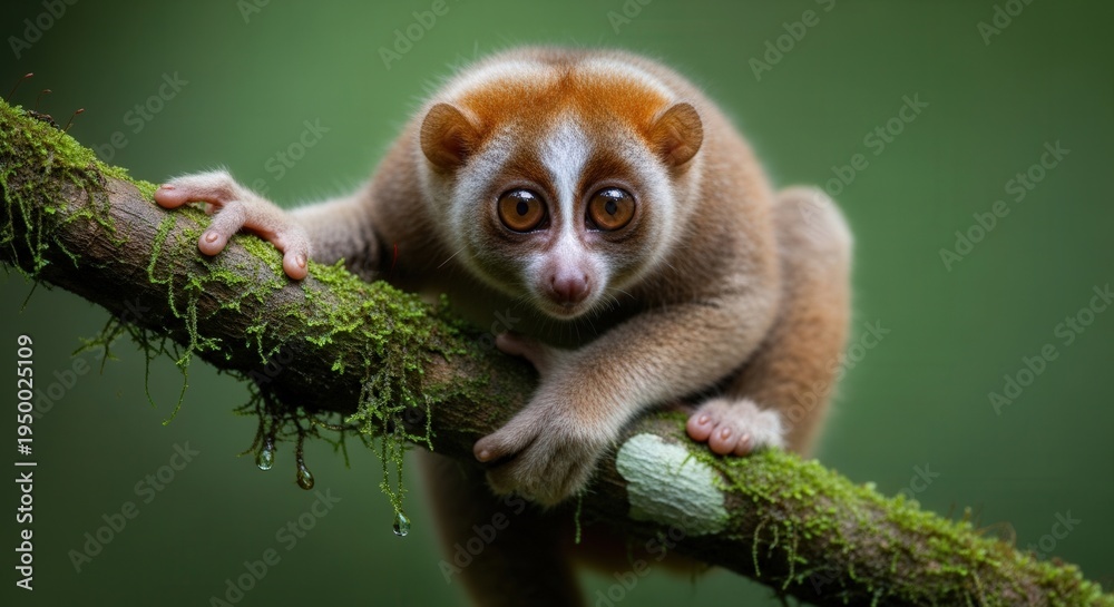 Fototapeta premium Close-Up of a Curious Red-Lemur Monkey Clinging to a Moss-Covered Tree Branch in Natural Habitat