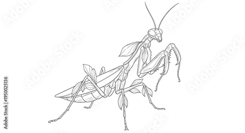 Detailed drawing of a praying mantis in a defensive stance on a white background.