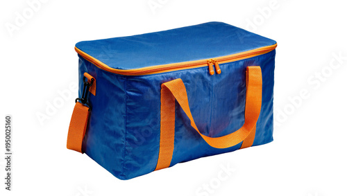 Isolated blue soft-sided insulated cooler bag with orange straps and zipper for food and drinks