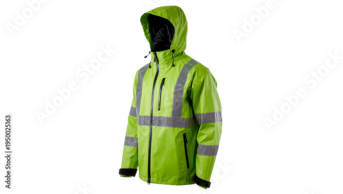 Isolated vibrant green high-visibility waterproof jacket with reflective stripes and hood