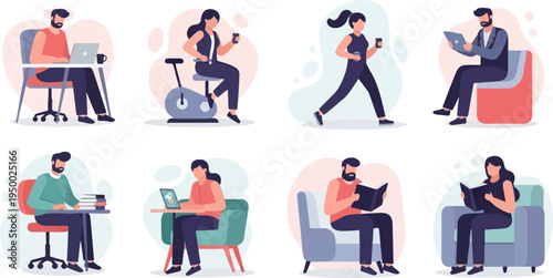 Diverse people engaged in various activities work, exercise, and leisure at home