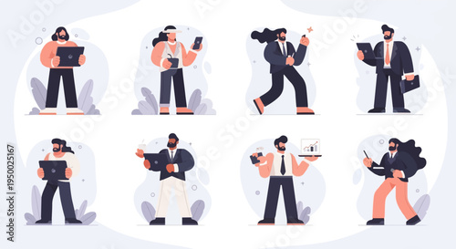 Eight diverse individuals engaged in various modern digital activities