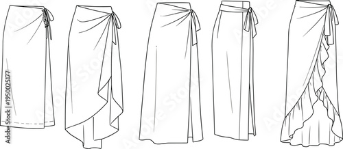 CAD drawing flat vector illustration of women’s sarong wrap skirts set front view, technical beachwear fashion sketch template