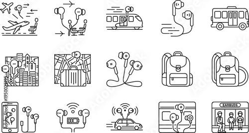 Wireless earbuds travel lifestyle icon set with airplane train backpack smartphone music vector illustration collection
