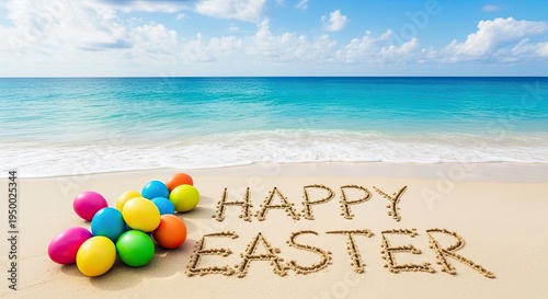 Wallpaper Mural Happy easter beach scene with colorful eggs and sandy message Torontodigital.ca
