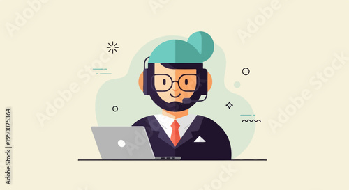 Flat illustration of a customer service representative with headset and laptop