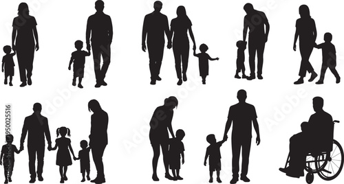 Various black silhouettes showing families with children and an individual in a wheelchair