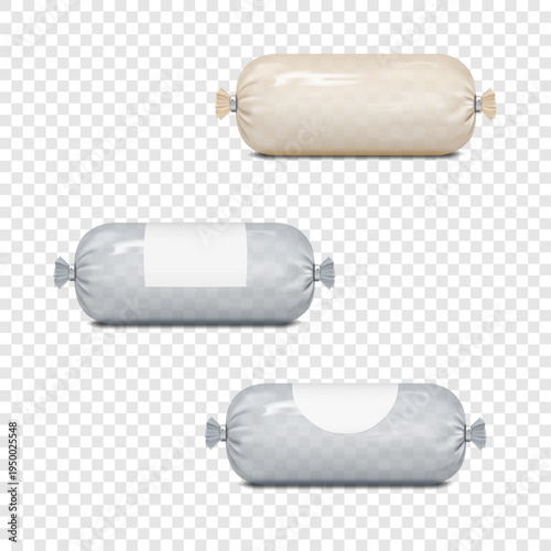 Sausage package with blank label. Mock-up set. Cylinder product clear empty plastic pouch wrapper with sticker. Realistic 3d vector mockup. Transparent roll packaging. Easy editable template