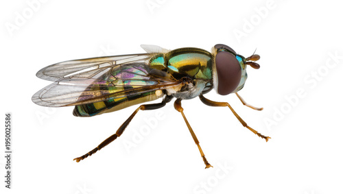 фотографія Isolated iridescent hoverfly species with metallic colors and transparent wings