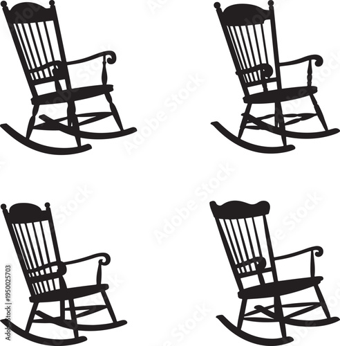 Black Rocking Chairs Silhouette Isolated on White Background