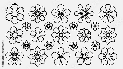 Set of 20 flower icons vector, black and white line art