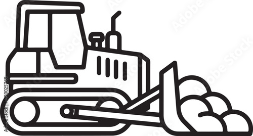 Heavy Construction Bulldozer Moving Earth and Rocks Outline Vector