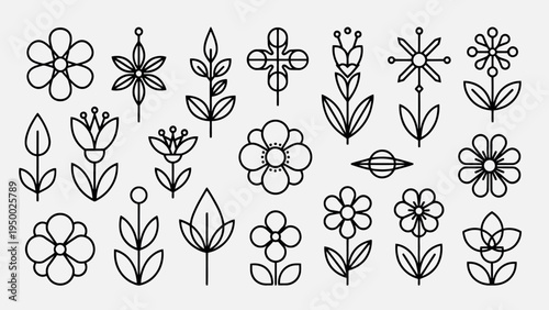 Set of 25 black floral icons vector