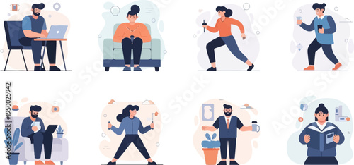 Diverse people engaged in various activities work, relaxation, fitness, and reading