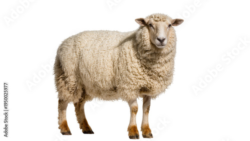 Isolated standing domestic sheep with thick creamy wool looking directly at camera