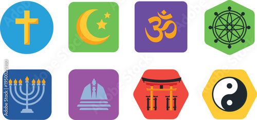 World religion symbols flat icon set with cross crescent om yin yang spiritual vector illustration